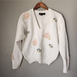 Vintage Liz Sport Knit V Neck Floral Sweater